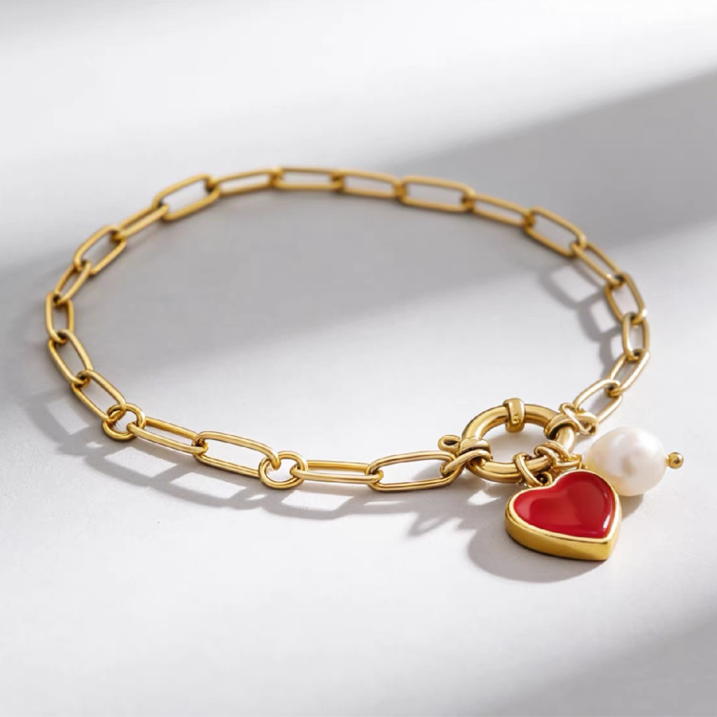 Ruby Heart & Pearl Charm Bracelet