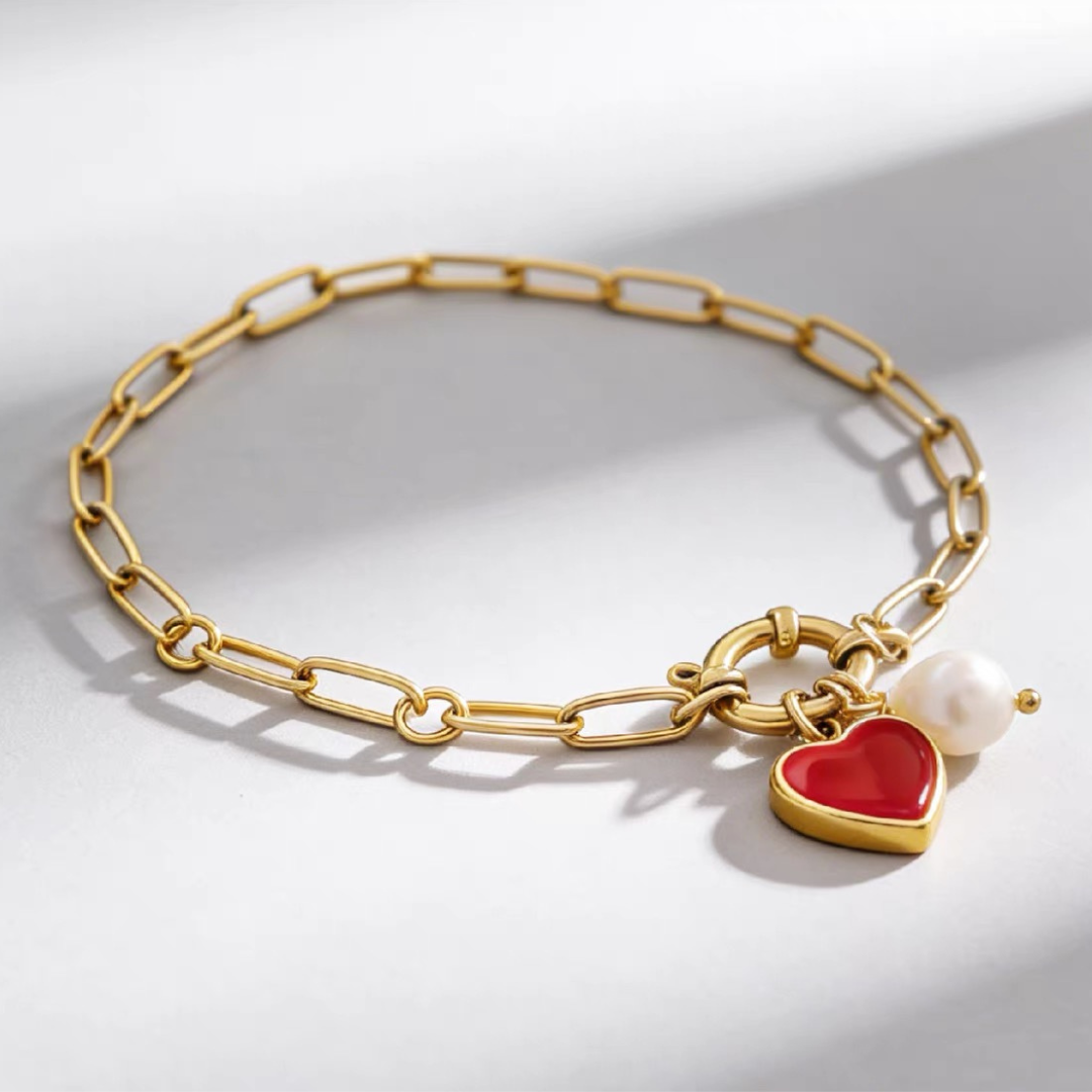 Ruby Heart & Pearl Charm Bracelet