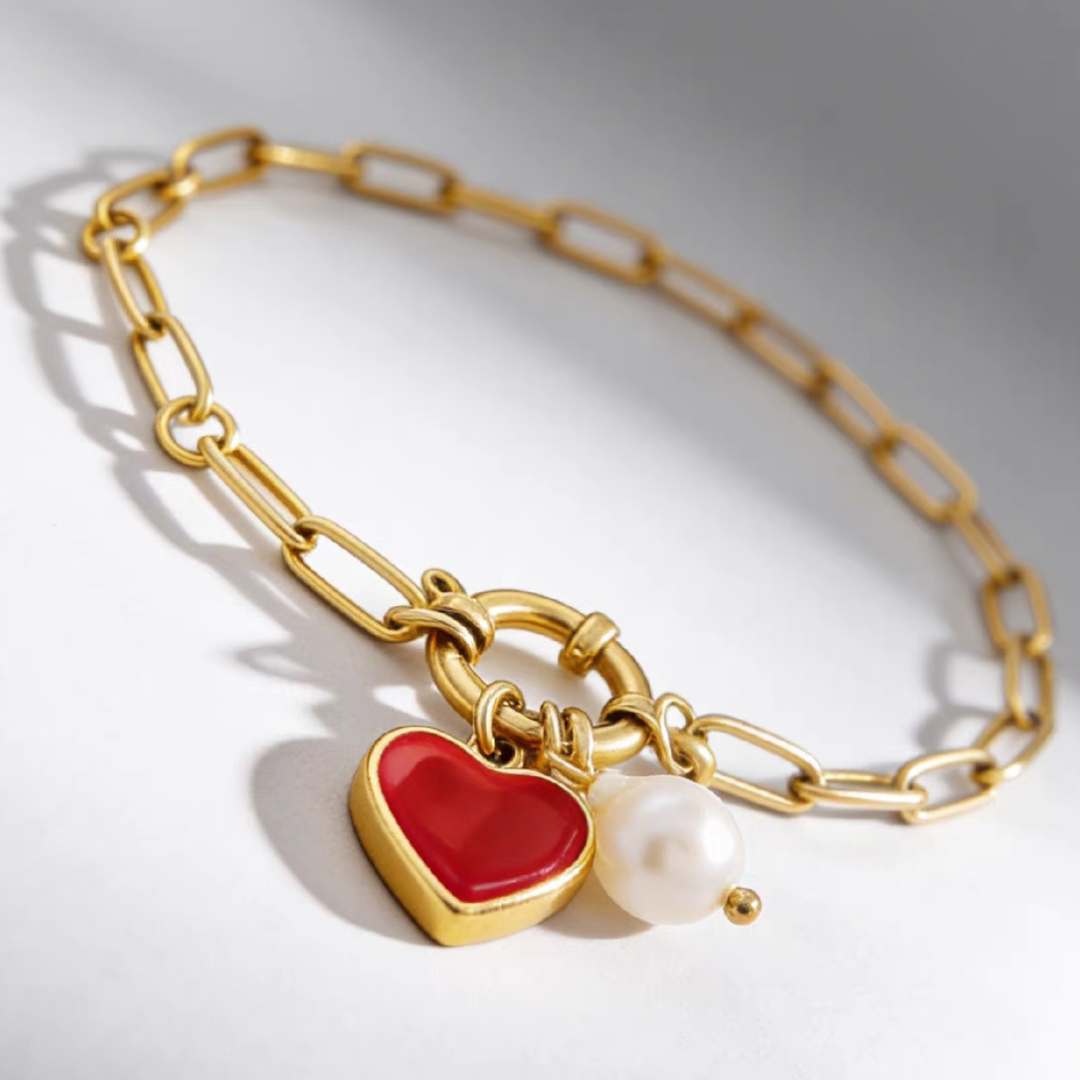 Ruby Heart & Pearl Charm Bracelet