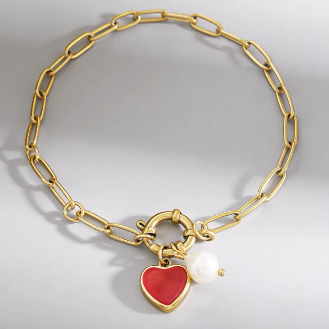Ruby Heart & Pearl Charm Bracelet