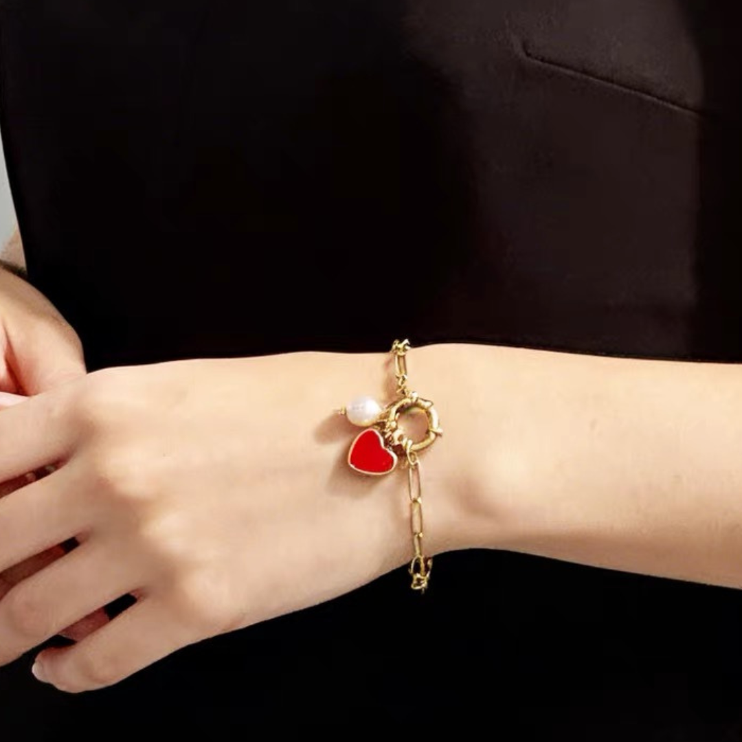 Ruby Heart & Pearl Charm Bracelet