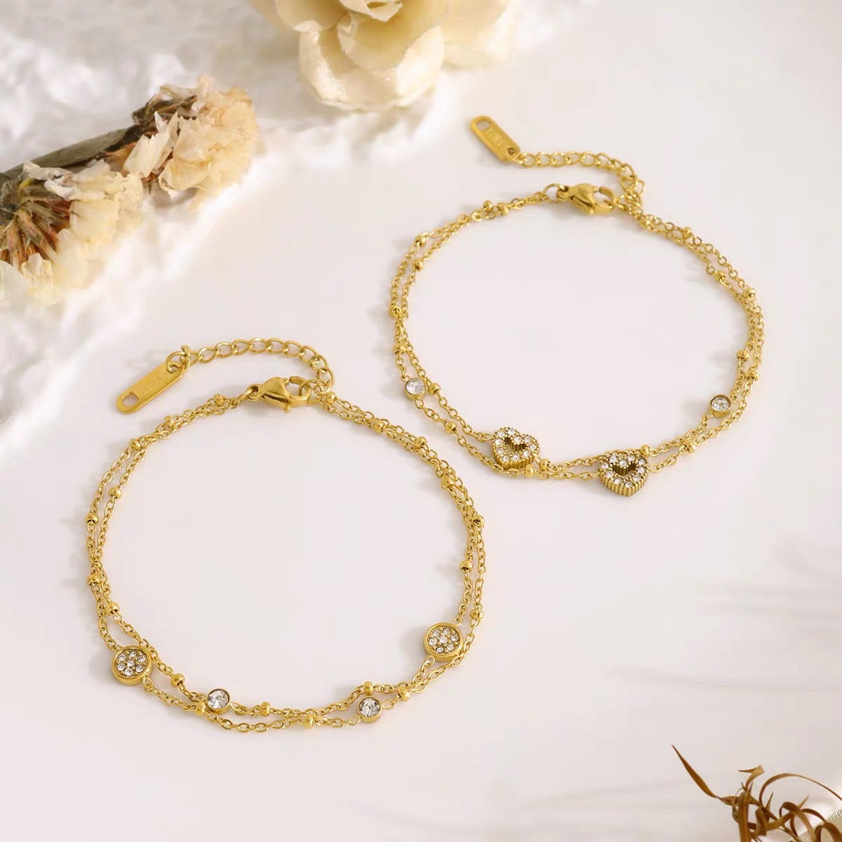 Double Layer Bracelet Round Crystal / Heart Crystal